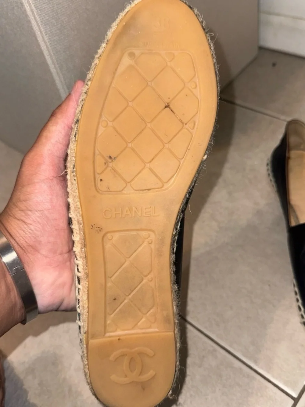 CHANEL Black Leather Espadrille Slip-Ons with Interlocking CC